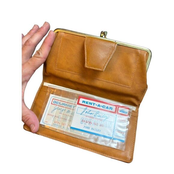 Vintage Brown Leather & Canvas  burlap Clutch Wallet With Snap Closure - Picture 5 of 12